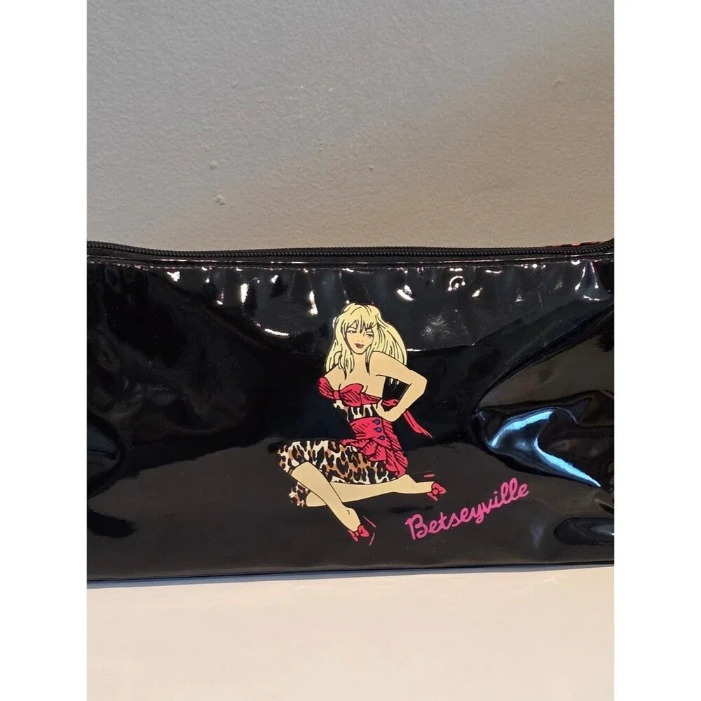 Betsey Johnson Black Vinyl Cosmetic Bag Pinup Leopard Print Glam Coquette Punk